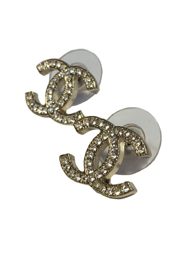 Chanel  CC Studs Earrings in Pale Gilded Metal set with Rhinestones