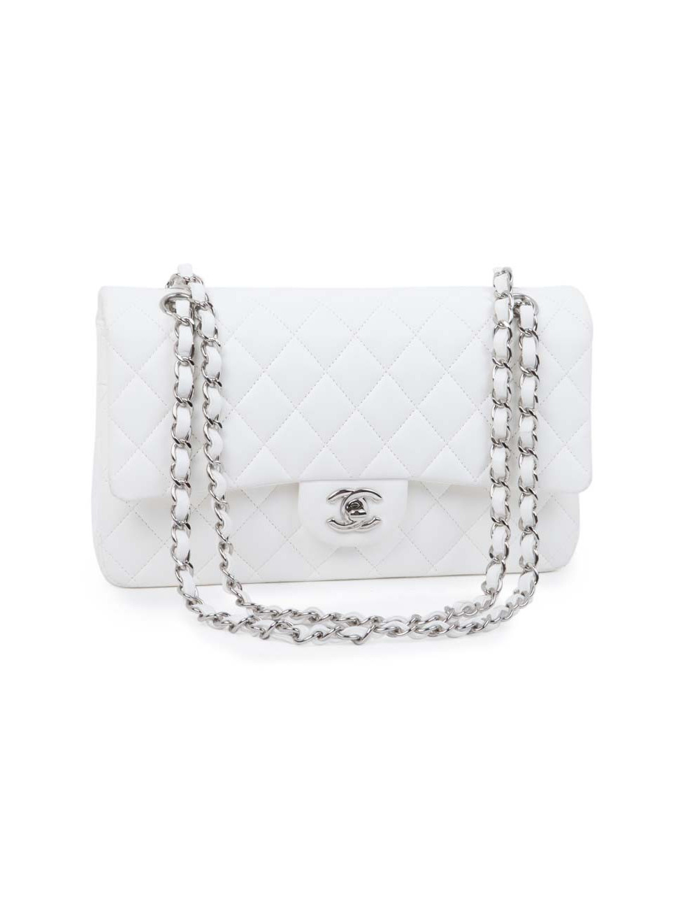 Sac timeless CHANEL cuir d'agneau blanc matelassé