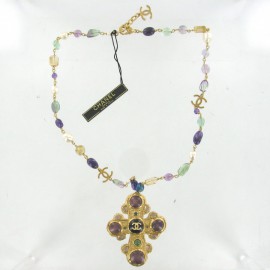 CHANEL Cross and multicolored beads necklace