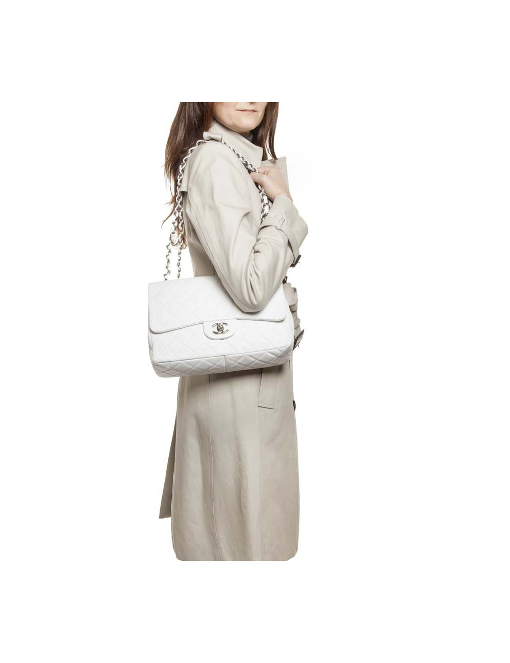  Sac Jumbo CHANEL cuir grainé blanc