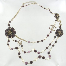 CHANEL necklace triple ranks pearls and camellias