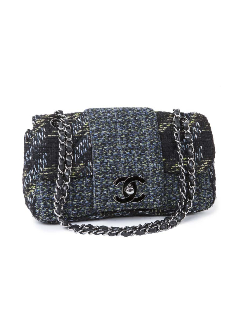 CHANEL flap bag in back and blue green tweed with shiny threads