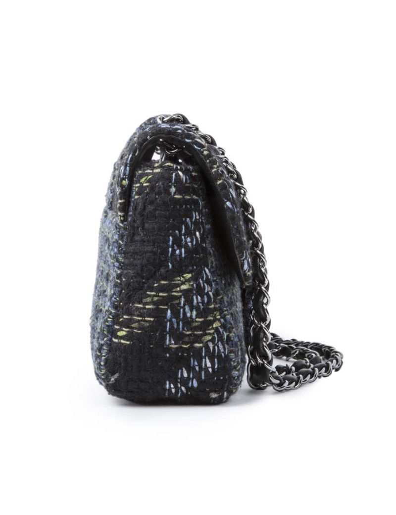 CHANEL flap bag in back and blue green tweed with shiny threads