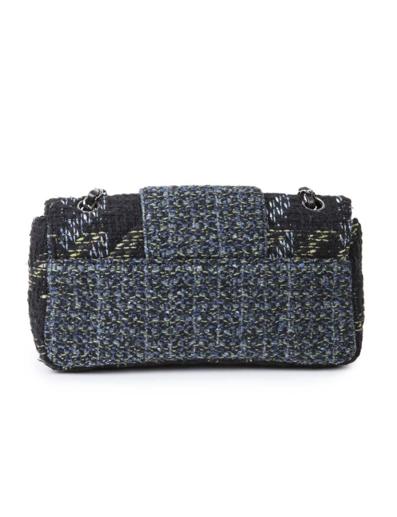 CHANEL flap bag in back and blue green tweed with shiny threads