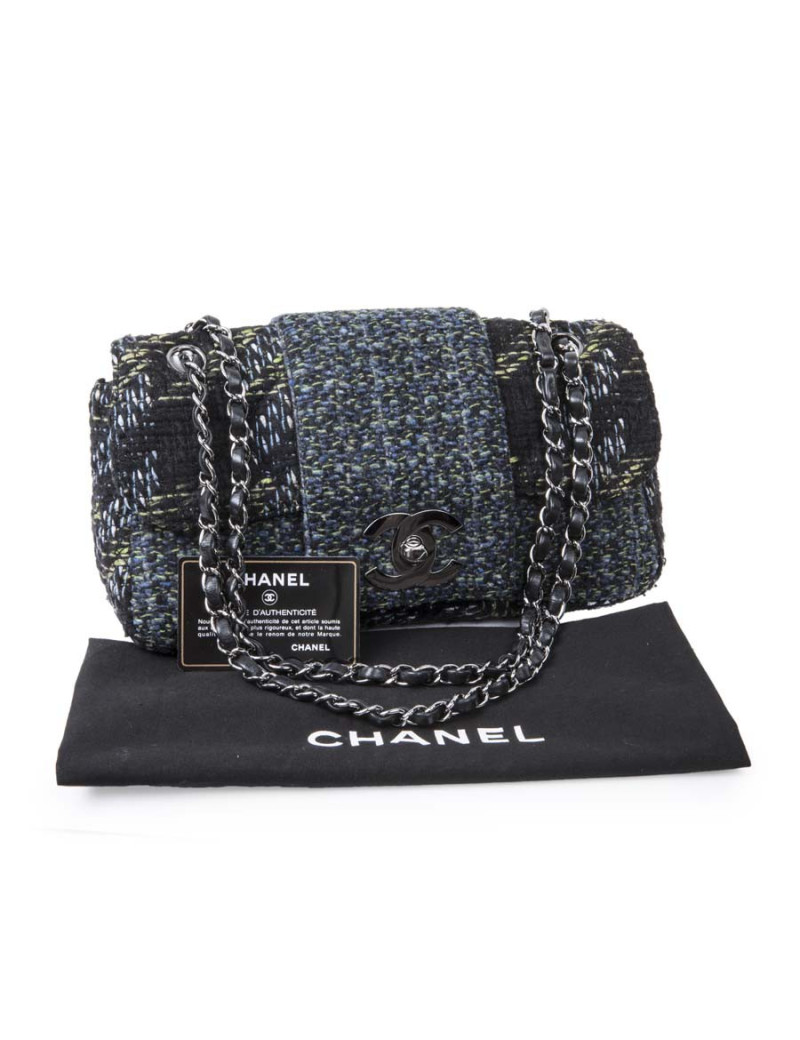 CHANEL flap bag in back and blue green tweed with shiny threads