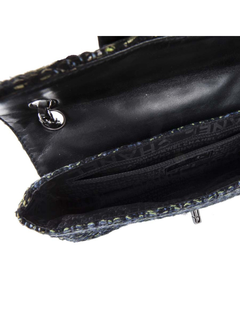 CHANEL flap bag in back and blue green tweed with shiny threads