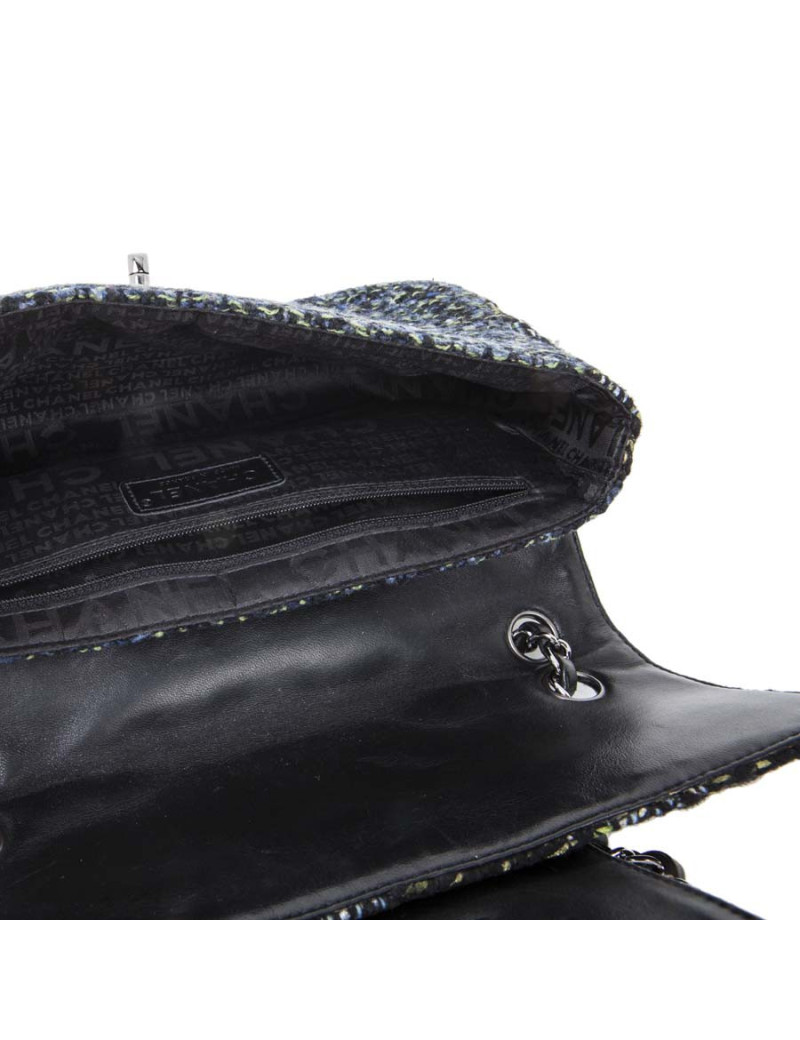 CHANEL flap bag in back and blue green tweed with shiny threads