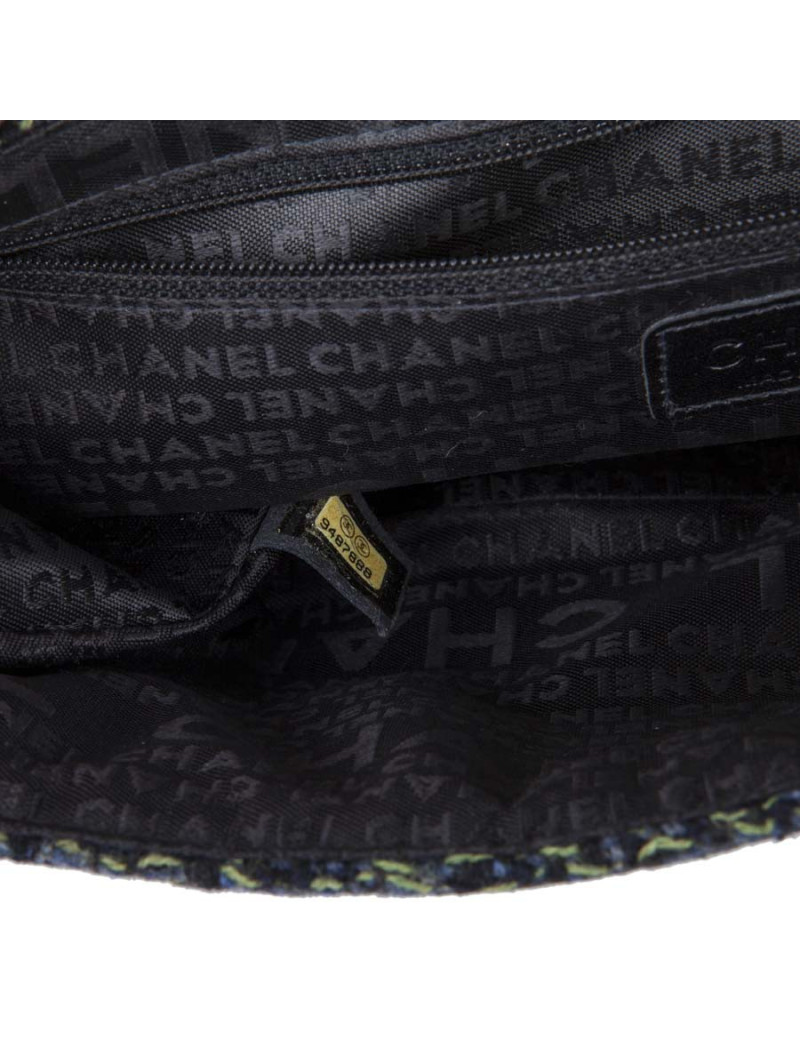 CHANEL flap bag in back and blue green tweed with shiny threads