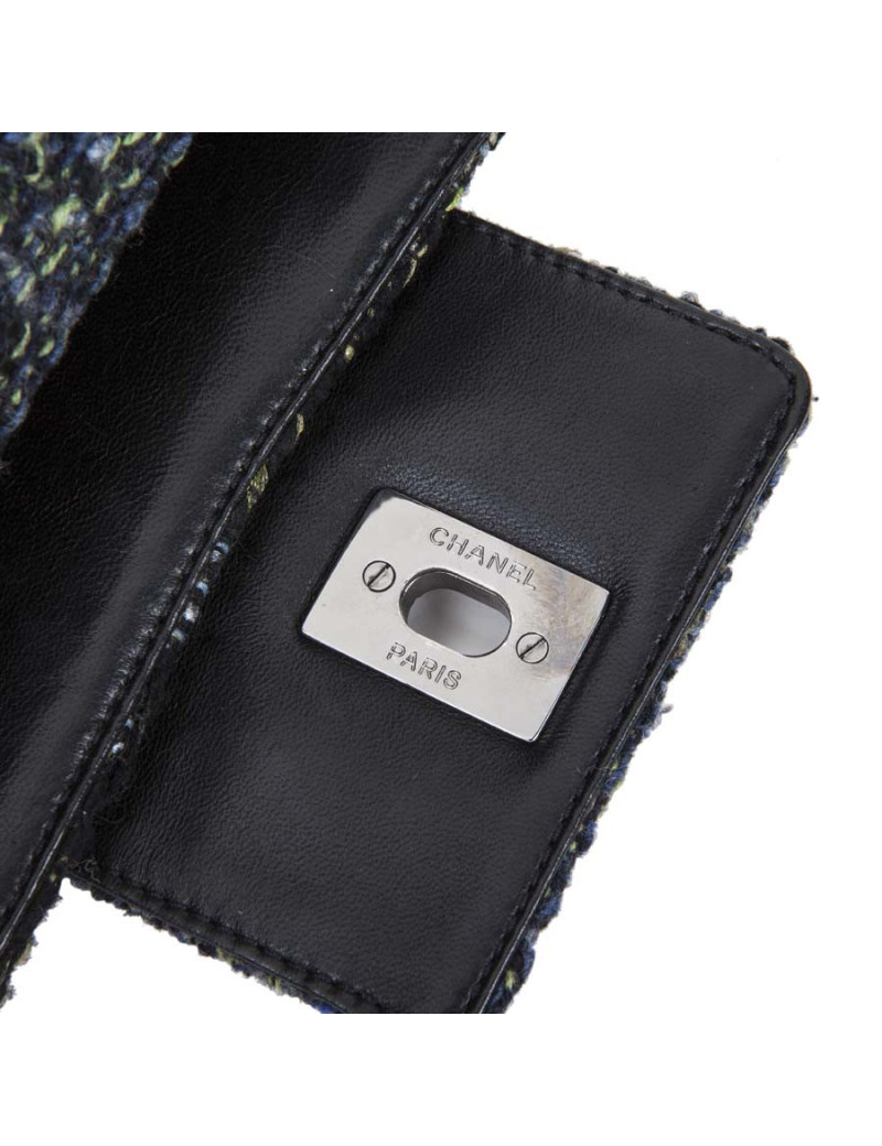 CHANEL flap bag in back and blue green tweed with shiny threads