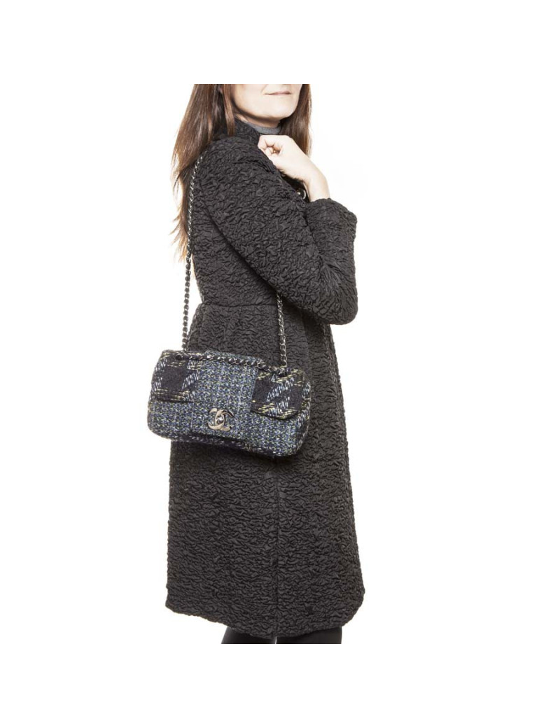 Sac CHANEL tweed vert bleu, fils brillants