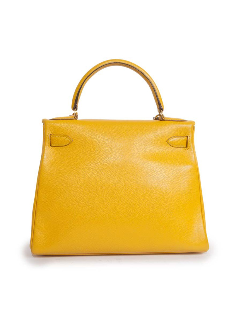 Sac Kelly 28 HERMES cuir grainé jaune citron