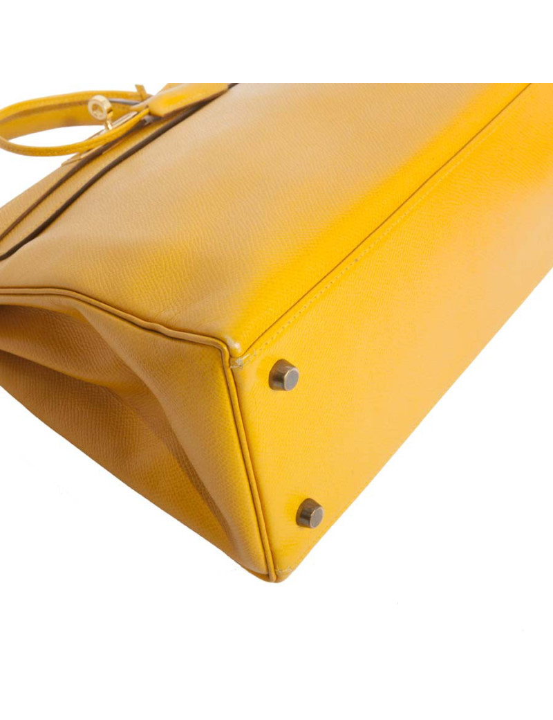 Sac Kelly 28 HERMES cuir grainé jaune citron