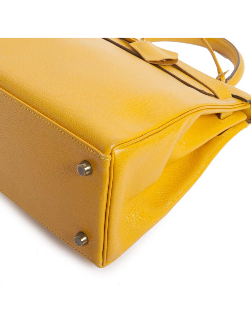 Sac Kelly 28 HERMES cuir grainé jaune citron
