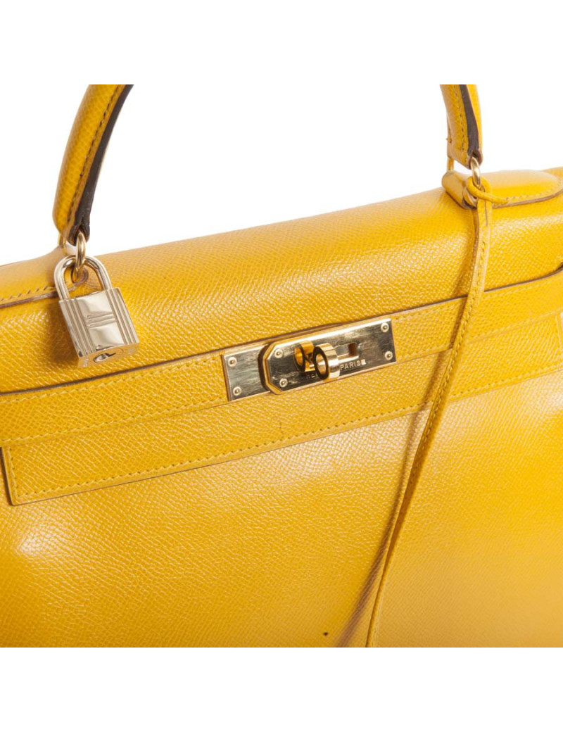 Sac Kelly 28 HERMES cuir grainé jaune citron