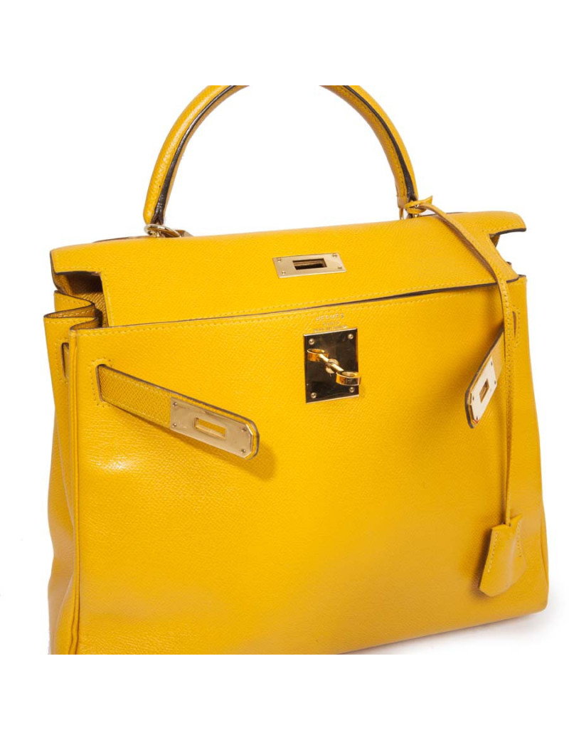 Sac Kelly 28 HERMES cuir grainé jaune citron