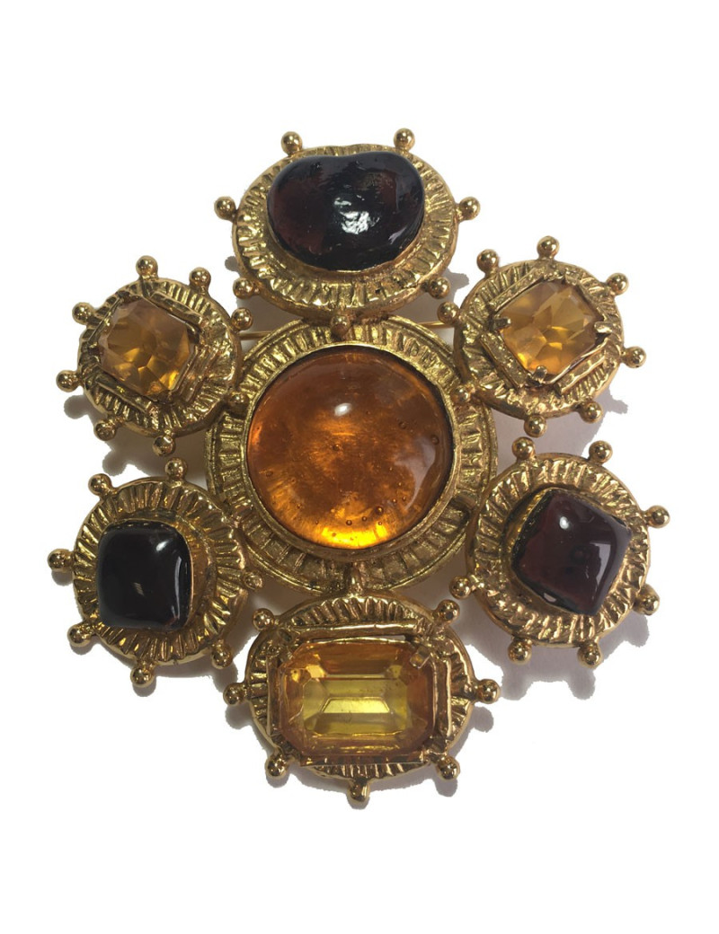 Broche CHANEL couture vintage en métal doré, pâte de verre et strass taille émeraude