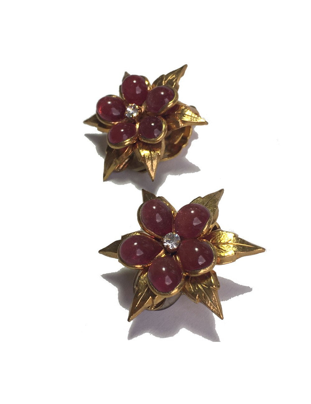 Boucles d'oreille Clips MARGUERITE DE VALOIS métal doré, pâte de verre rose et petit strass