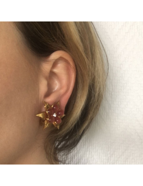 Boucles d'oreille Clips MARGUERITE DE VALOIS métal doré, pâte de verre rose et petit strass