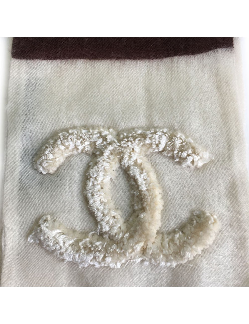 CHANEL striped Brown and Ecru cashmere scarf