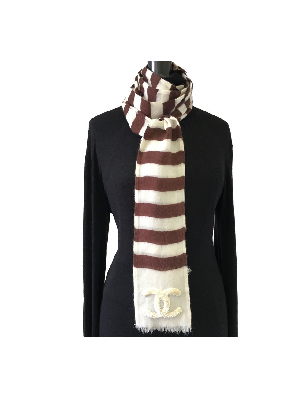 CHANEL striped Brown and Ecru cashmere scarf