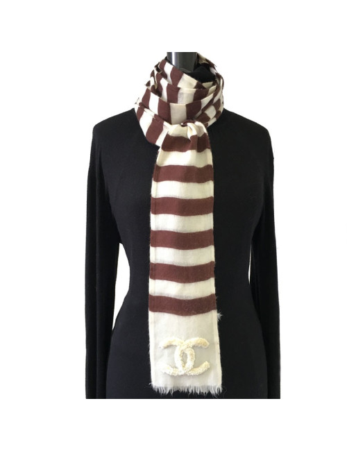 CHANEL striped Brown and Ecru cashmere scarf