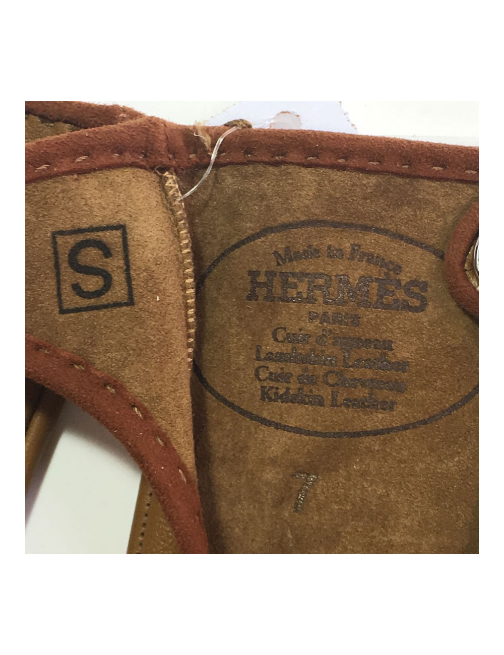 HERMÈS gloves size 7 in glossy kraft and cognac lamb leather