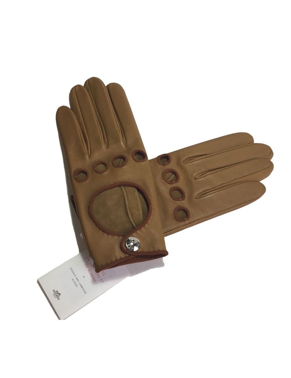 HERMÈS gloves size 7 in glossy kraft and cognac lamb leather