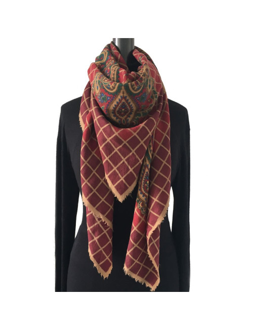 DIOR bordeaux, green and Brown with small fringe shawl