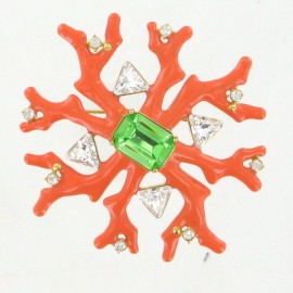 Coral brooch KENNETH J LANE rhinestones and metal dore gold