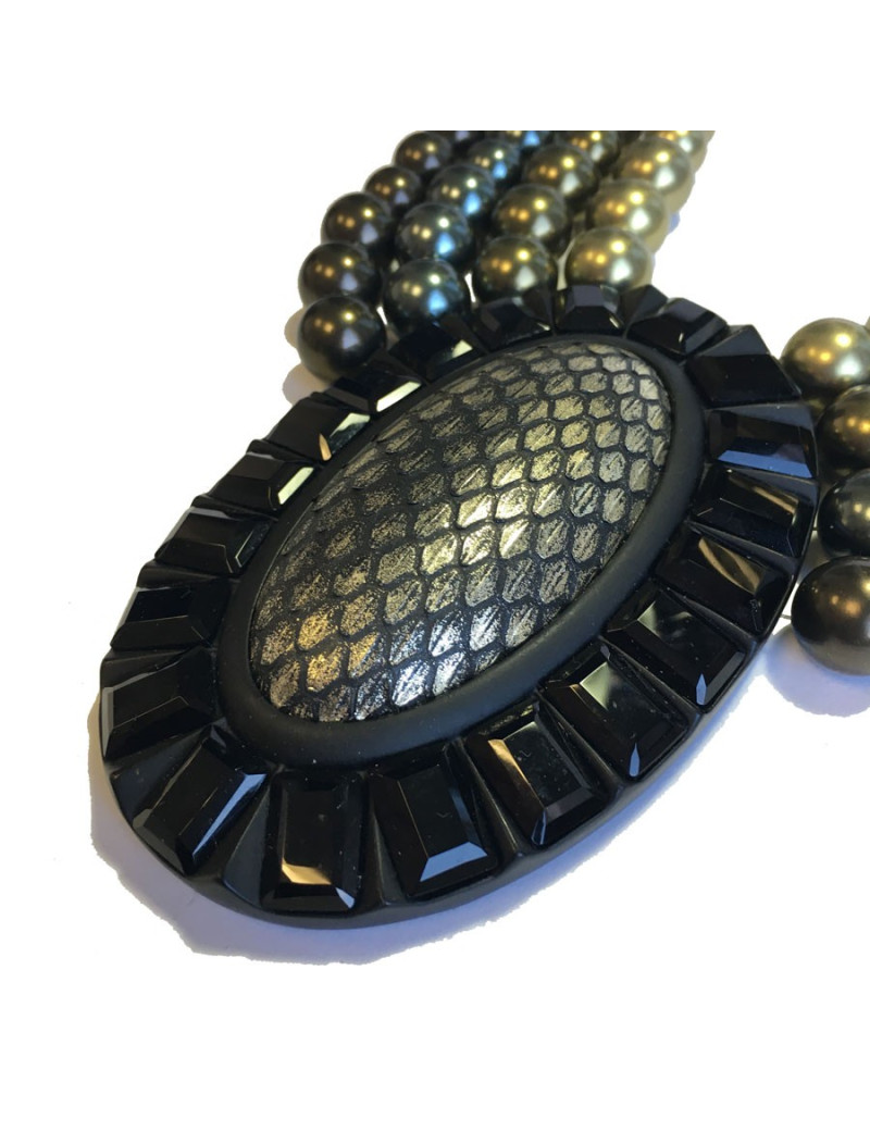 Collier APPARTEMENT A LOUER perles et pendentif noir et bronze