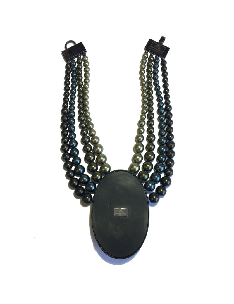 Collier APPARTEMENT A LOUER perles et pendentif noir et bronze