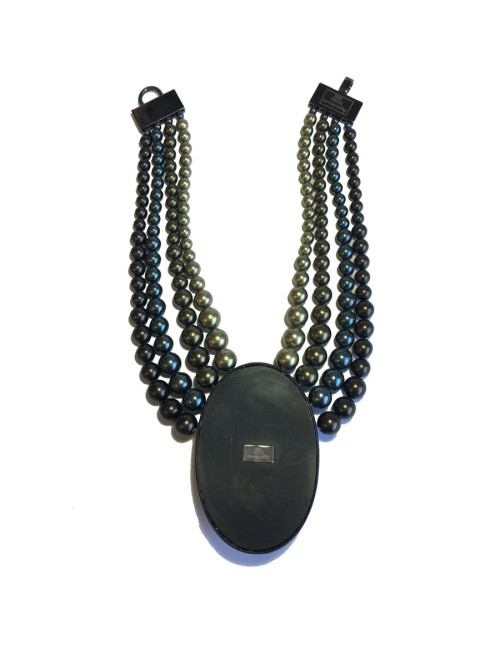 Collier APPARTEMENT A LOUER perles et pendentif noir et bronze