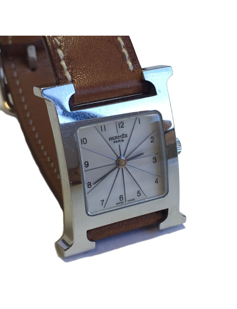 Montre Heure H HERMÈS pm en veau Barénia et acier