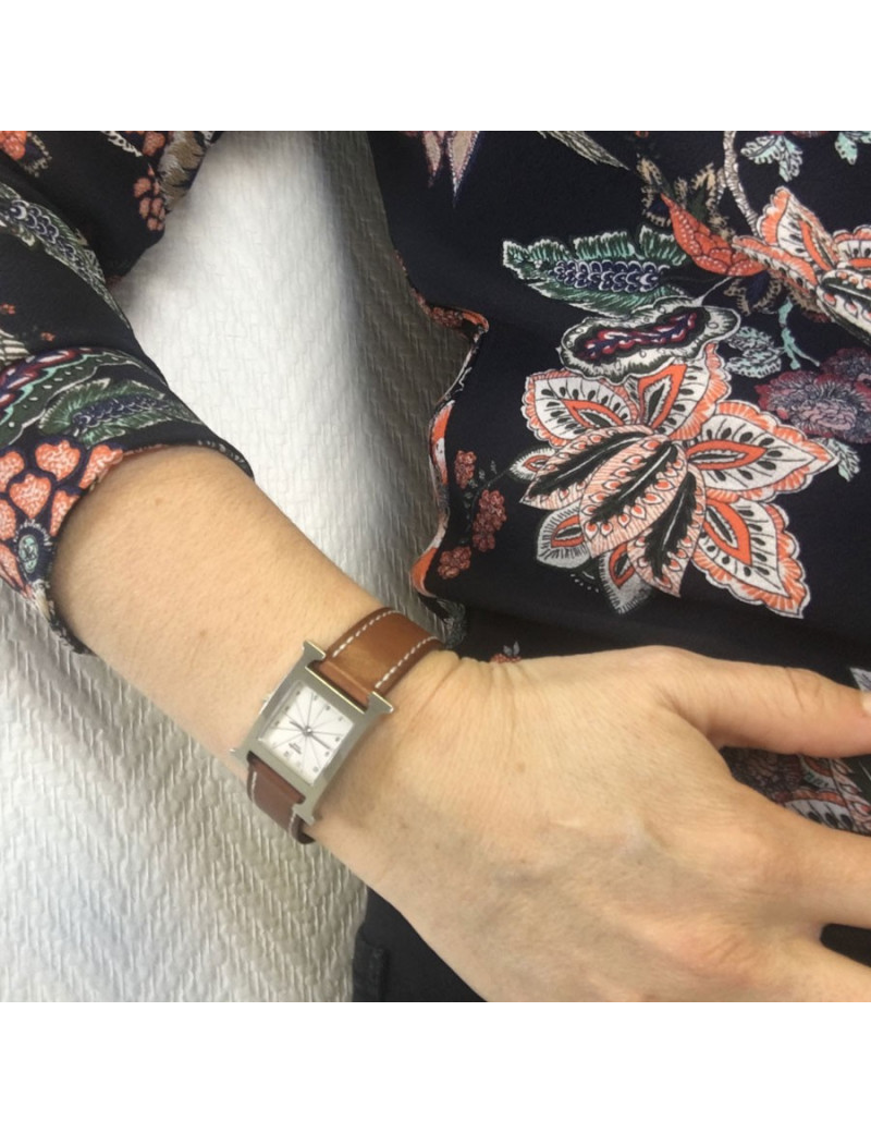 Montre Heure H HERMÈS pm en veau Barénia et acier