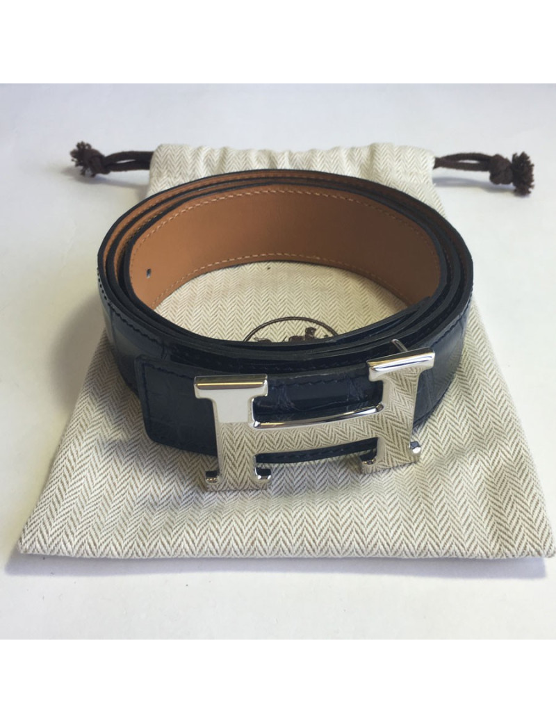 Ceinture Homme HERMES H T90 en crocodile porosus bleu marine