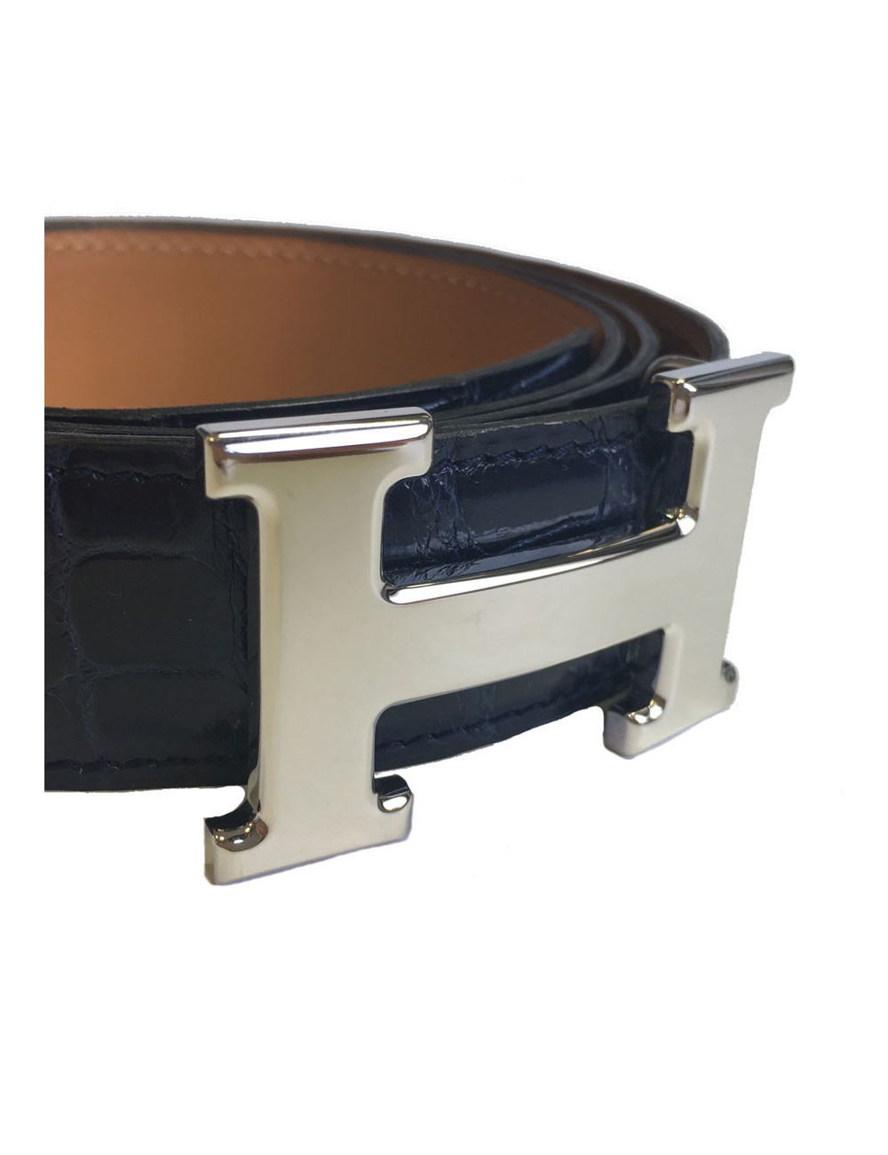 Belt man HERMES H T90 crocodile porosus Navy Blue