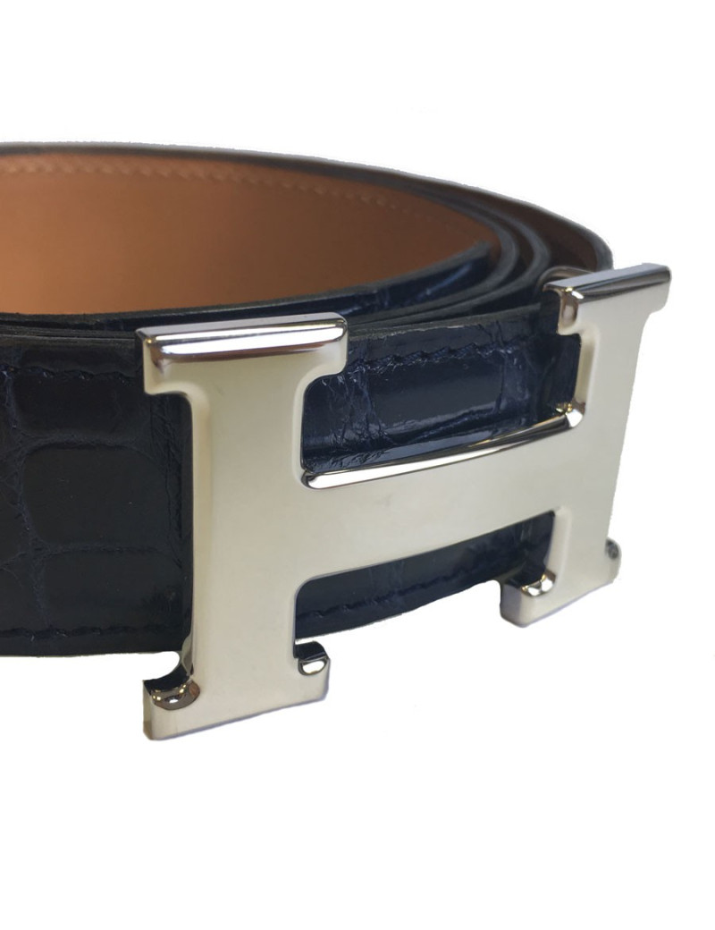 Ceinture Homme HERMES H T90 en crocodile porosus bleu marine