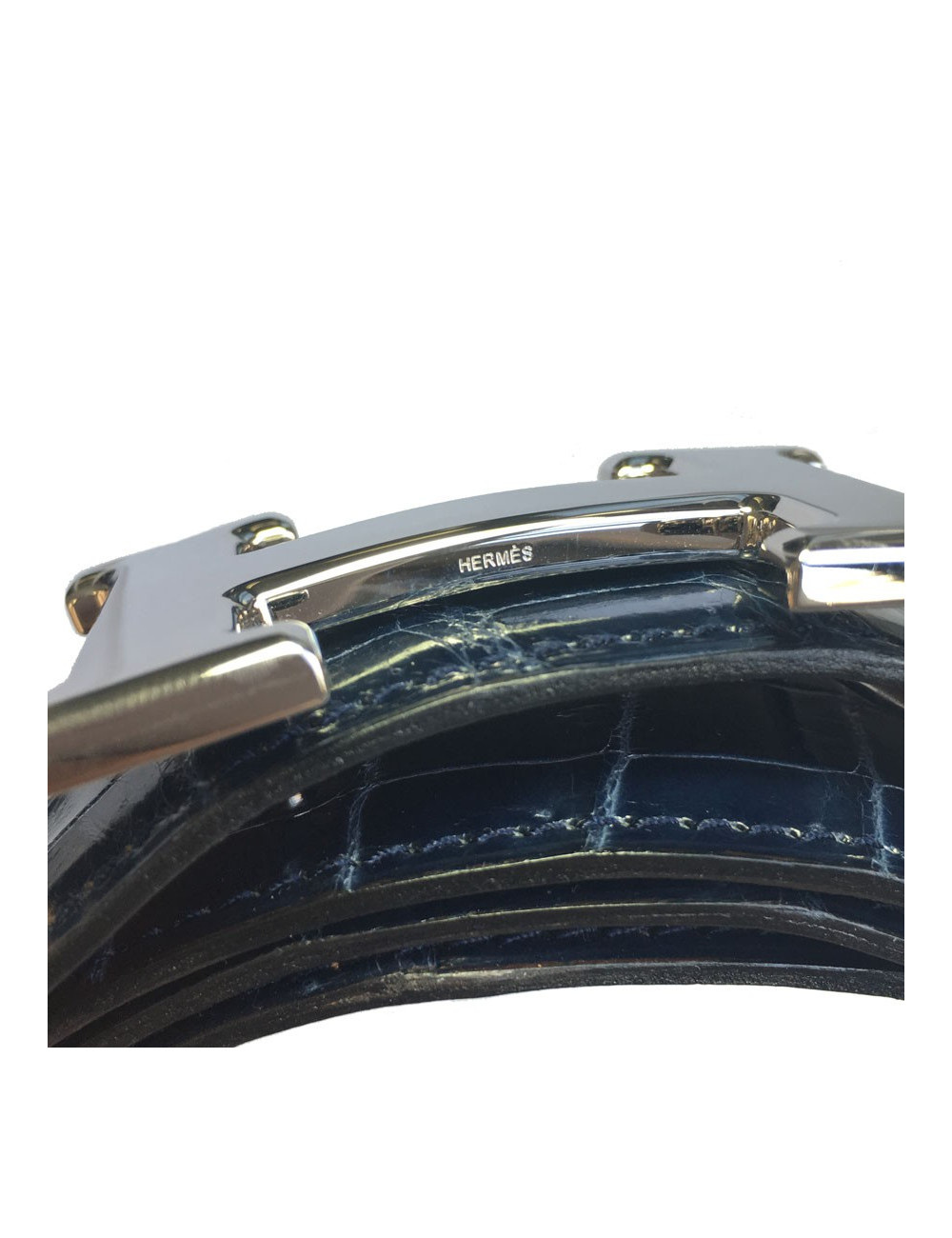 Belt man HERMES H T90 crocodile porosus Navy Blue