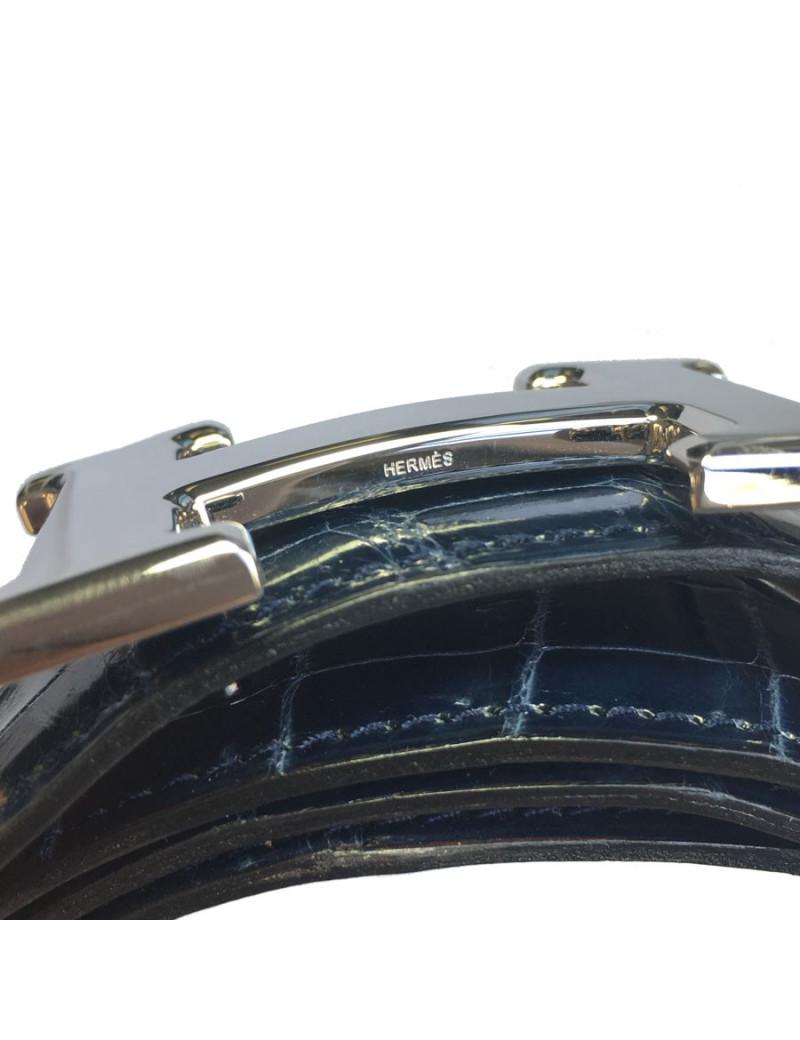 Ceinture Homme HERMES H T90 en crocodile porosus bleu marine
