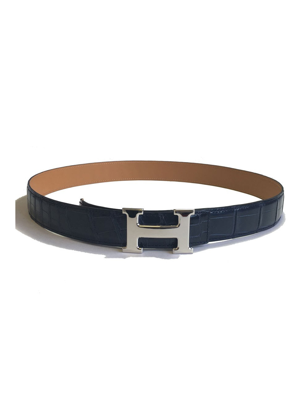 Belt man HERMES H T90 crocodile porosus Navy Blue