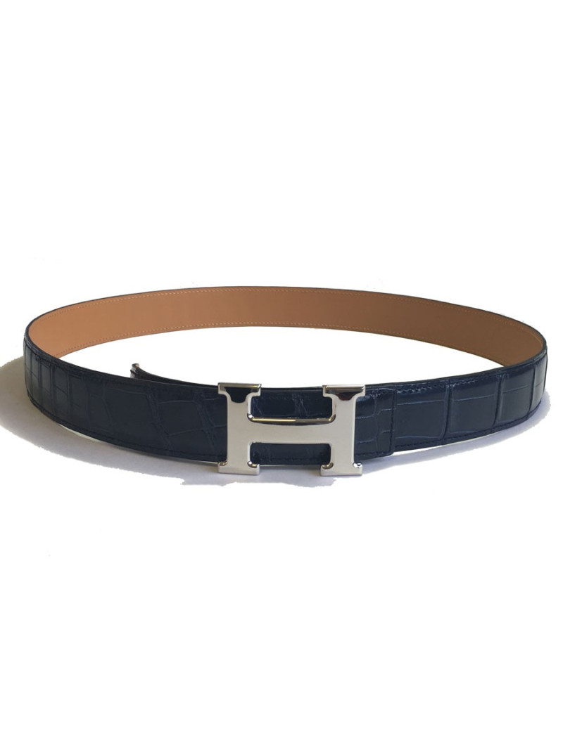 Ceinture Homme HERMES H T90 en crocodile porosus bleu marine