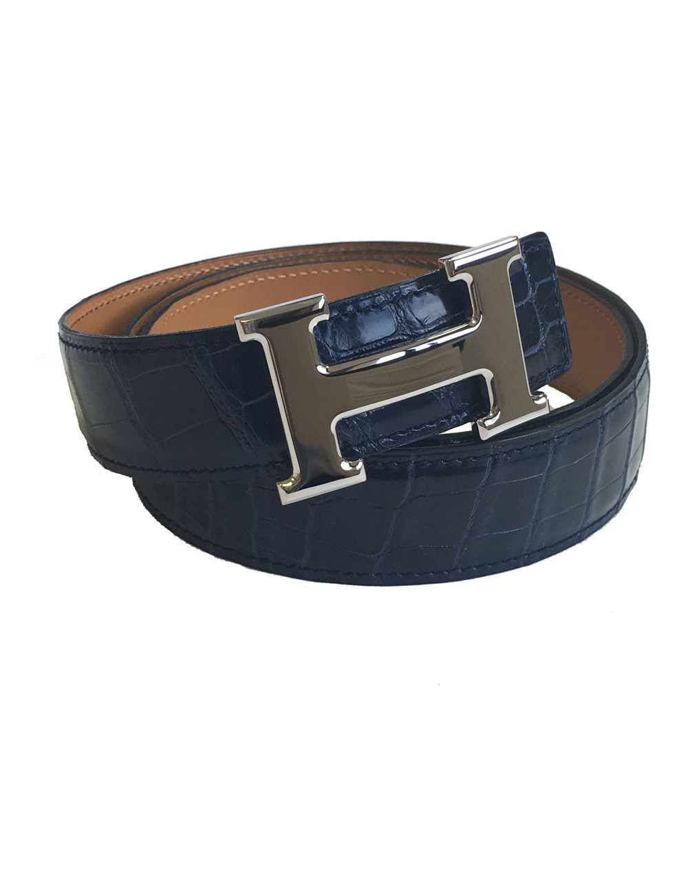 Belt man HERMES H T90 crocodile porosus Navy Blue