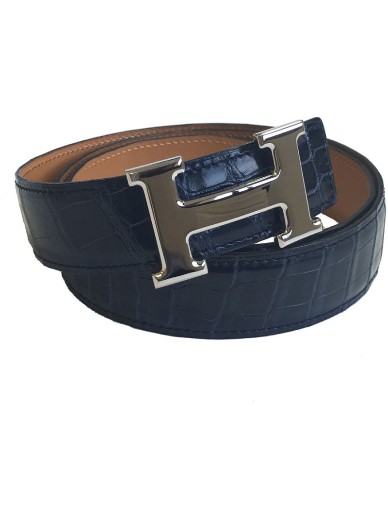 Belt man HERMES H T90 crocodile porosus Navy Blue