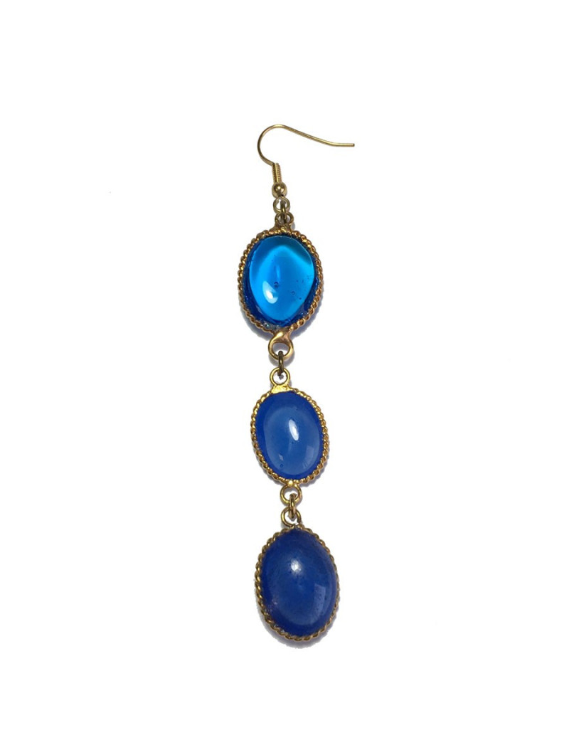 Boucles d'oreille clous pendants  MARGUERITE DE VALOIS en pâte de verre bleue