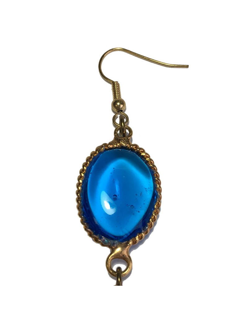 Boucles d'oreille clous pendants  MARGUERITE DE VALOIS en pâte de verre bleue