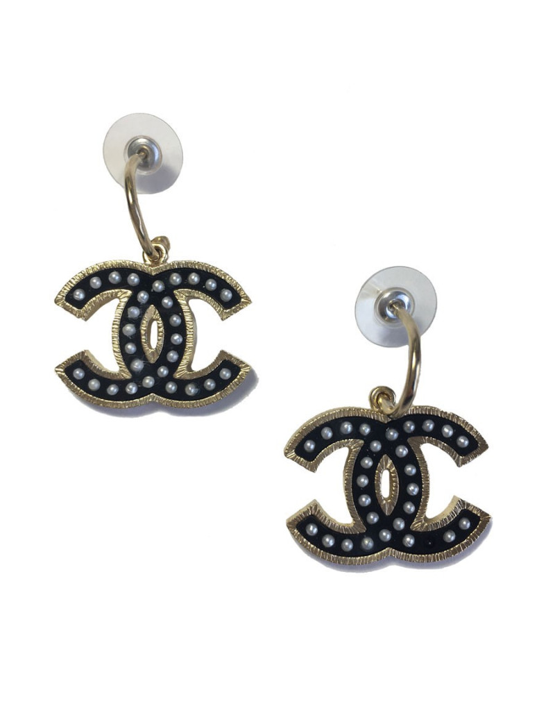 Boucles d'oreilles CHANEL CC noir perlés et métal doré