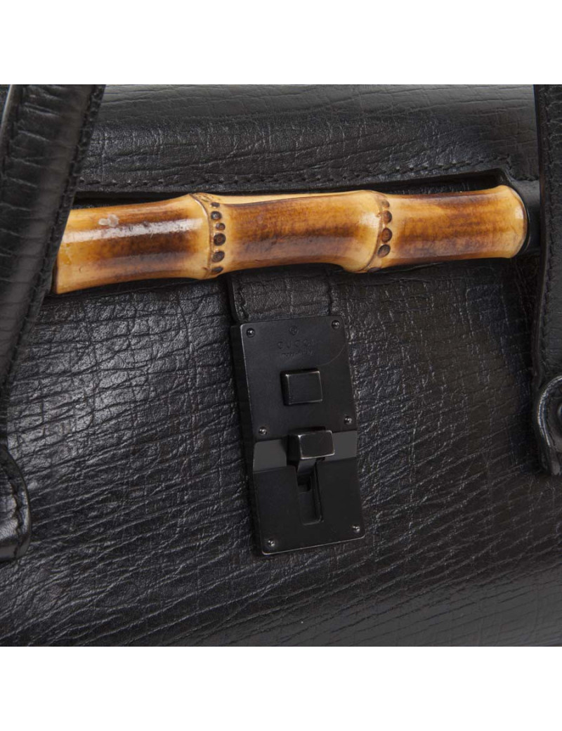 GUCCI black grained leather Vintage bamboo bag