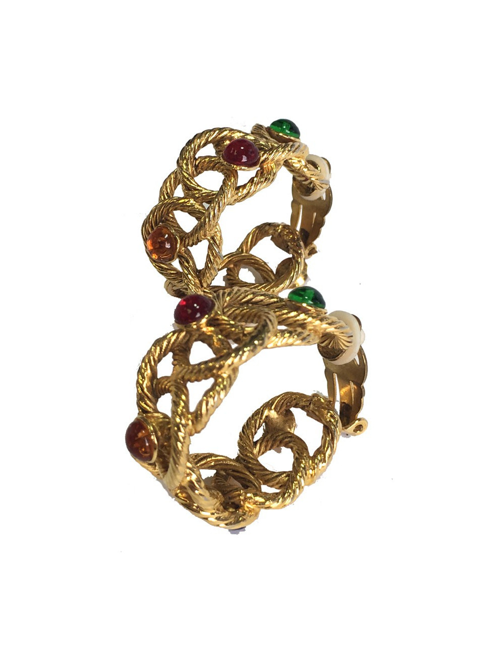 Boucles d'oreille clips créoles en métal torsadé doré et perles de couleurs