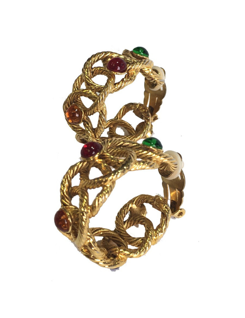 Boucles d'oreille clips créoles en métal torsadé doré et perles de couleurs