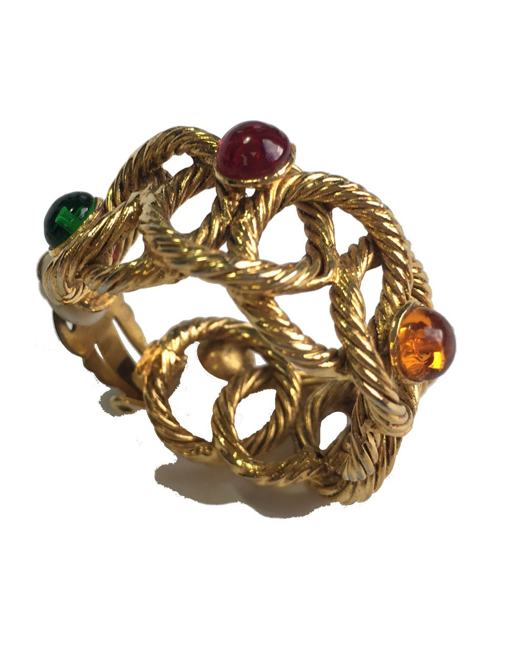 Boucles d'oreille clips créoles en métal torsadé doré et perles de couleurs